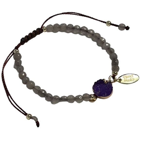 Pull tie cloudy grey crystal beaded bracelet with purple crystal charm NEW - Picture 2 of 9